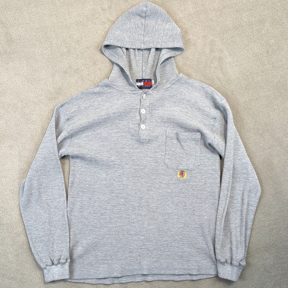 Tommy Hilfiger Thermal Hoodie Mens XL Vintage Gray Waffle Knit Henley Crest Logo